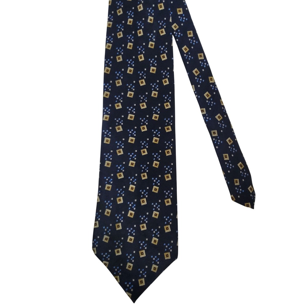 Perry Ellis Portfolio Tie Mens OS Navy Blue Gold Geometric Silk Made in USA